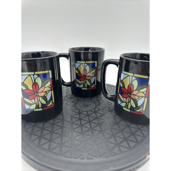 Set Of 3 Otagiri Coffee Tea Black Floral Stained Glass Duck Mug Cup Vtg - Picture 5 of 5